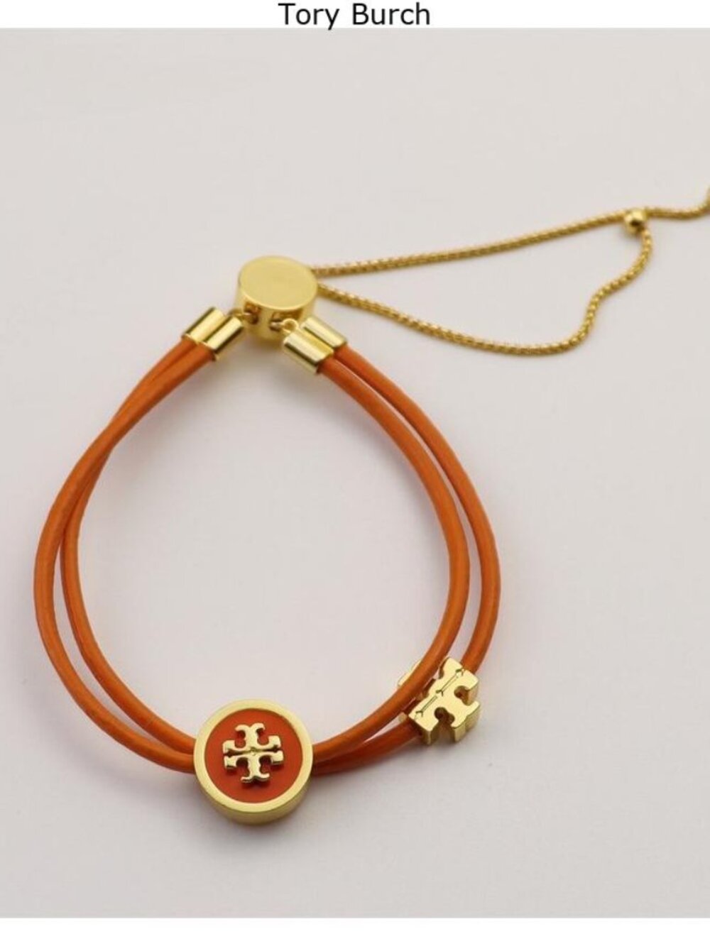 Tory Burch Orange Leather Double-Strand Logo Bracelet with Gold Accents